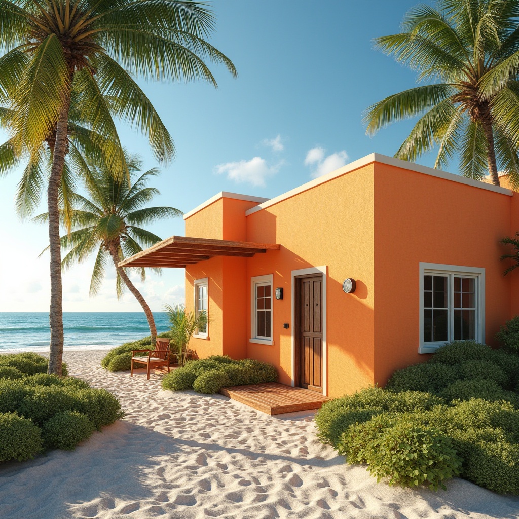 Prompt: Coastal home, Tangerine color, vibrant, beachy, exterior, stucco walls, white windows, wooden doors, palm trees, tropical plants, sandy dunes, ocean view, sunny day, clear blue sky, few puffy clouds, 3/4 composition, warm lighting, HDR.