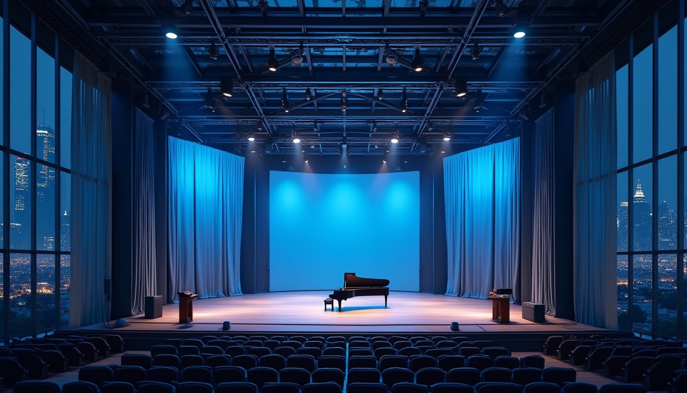 Prompt: Concert house, sky blue accents, modern architecture, sleek lines, geometric shapes, glass façade, metal framework, spotlights, stage lighting, audience seating, grand piano, sound system, backstage area, velvet curtains, wooden flooring, minimalist decor, urban nightlife, cityscape background, evening atmosphere, warm ambiance, low-angle shot, cinematic composition.