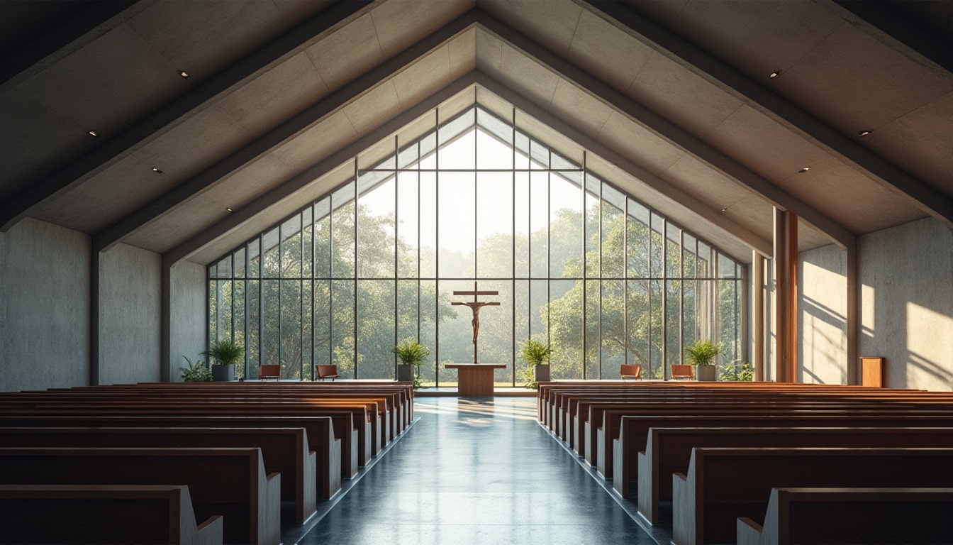 Prompt: Modern church, galvanized steel structure, angular architecture, sleek lines, large glass windows, natural light pouring in, minimalist interior, steel beams exposed, polished concrete floor, rows of wooden pews, subtle lighting, quiet atmosphere, subtle crucifix on the wall, modern stained glass artwork, ambient softbox lighting, 3/4 composition, shallow depth of field.