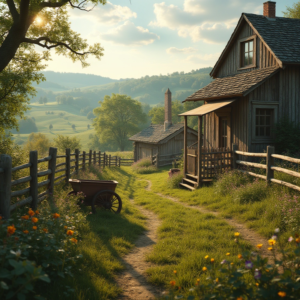 Prompt: Rural landscape, traditional farmhouse, vintage agricultural tools, wooden fences, lush greenery, blooming wildflowers, rolling hills, serene atmosphere, warm sunlight, soft shadows, natural textures, earthy tones, outdoor setting, 3/4 composition, cinematic lighting, depth of field, rustic charm, peaceful ambiance.