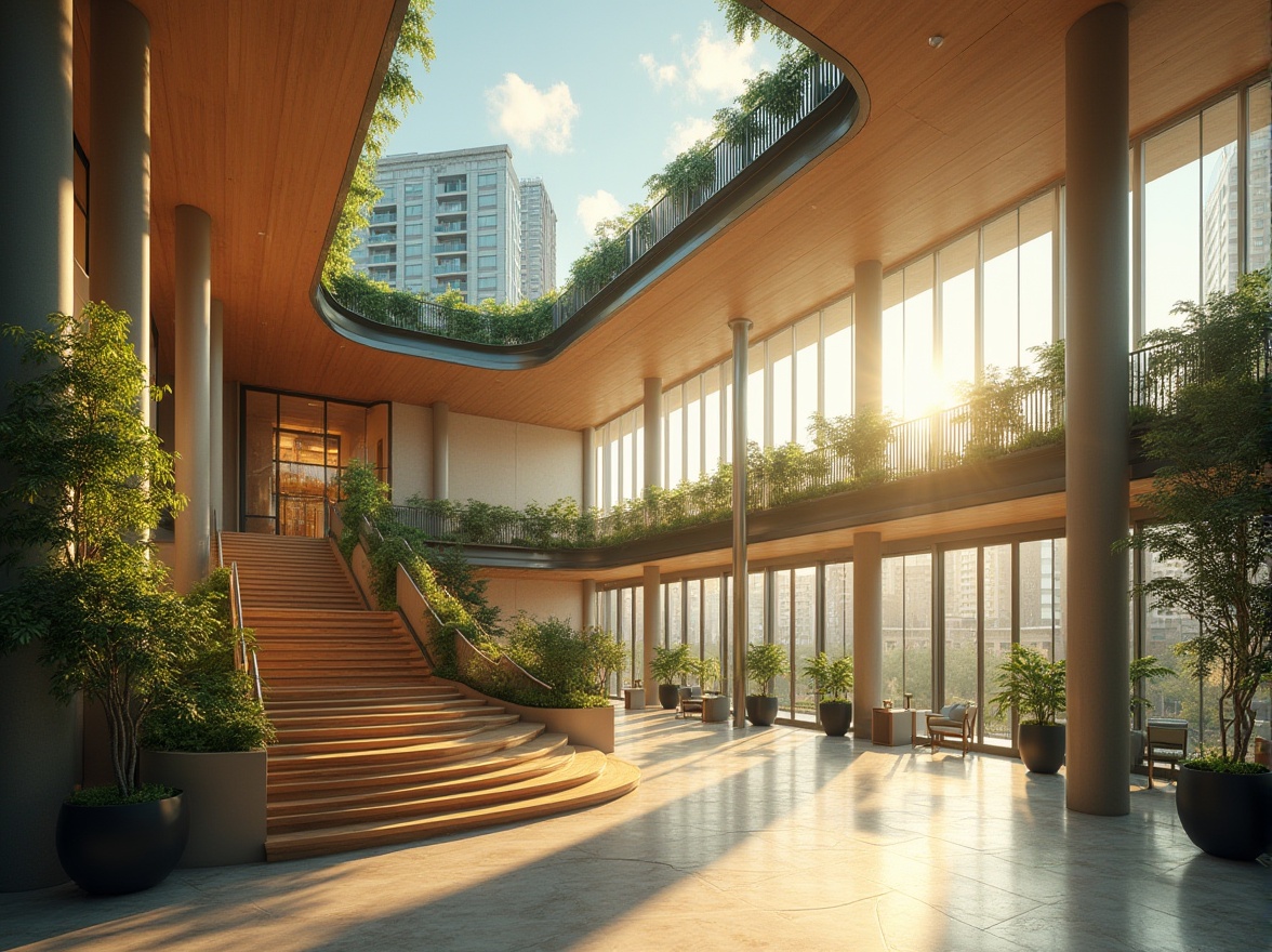 Prompt: Modern performing arts center, eco-friendly architecture, green roof, solar panels, recyclable materials, energy-efficient lighting, bamboo flooring, natural ventilation, spacious lobby, grand staircase, minimalist decor, potted plants, floor-to-ceiling windows, cityscape view, urban setting, afternoon sunlight, soft shadows, 3/4 composition, warm color tone, cinematic ambiance.