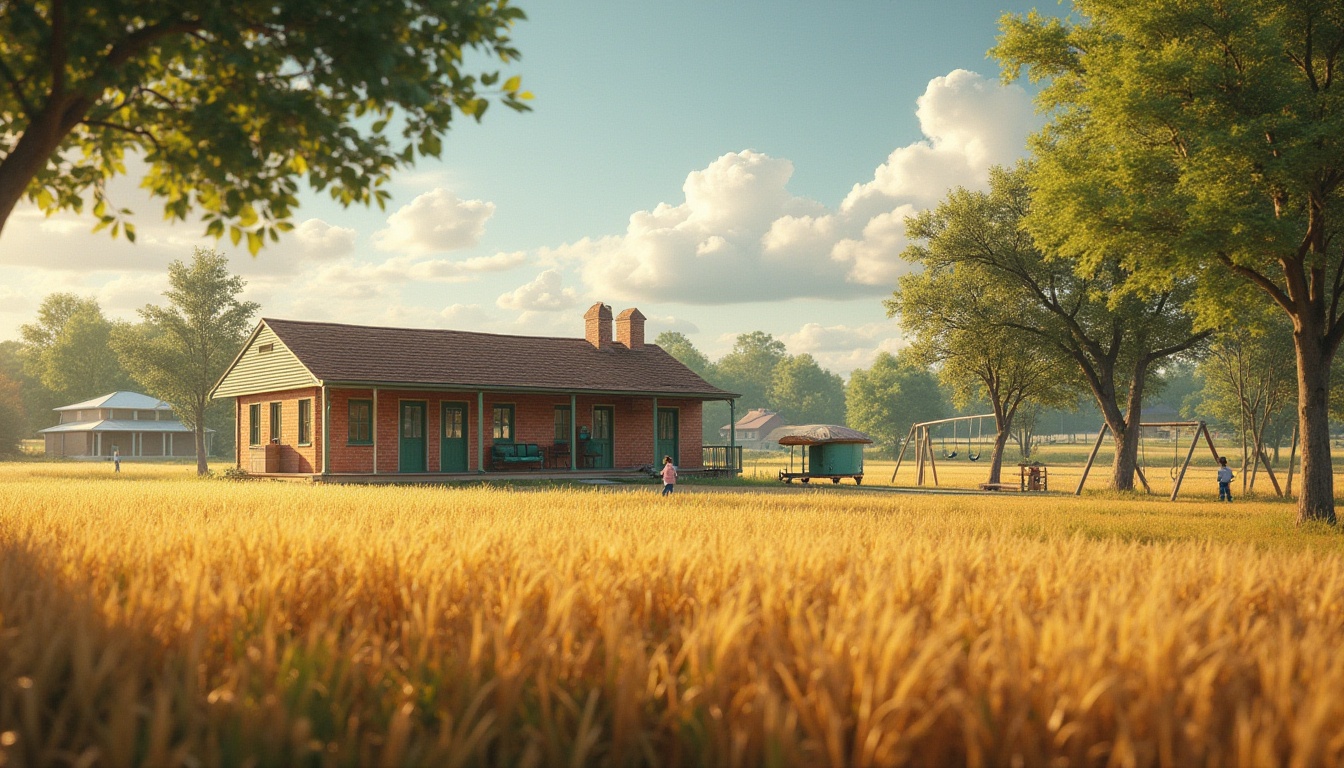 Prompt: Rural school, farmland setting, single-story building, brick facade, sloping roof, green windows, wooden doors, surrounded by wheat fields, distant farmhouse, trees with swing sets, playground equipment, kids playing tag, sunny afternoon, warm light, soft focus, shallow depth of field, country-style education, idyllic scenery, peaceful atmosphere, rustic texture.