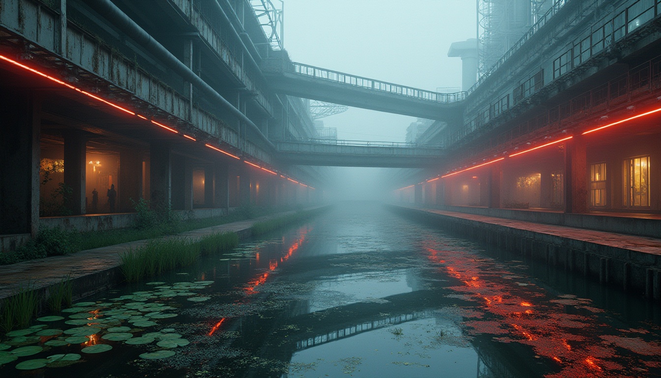 Prompt: Futuristic wetland scene, bar constructivism style, abstract architecture, steel beams, industrial pipes, neon lights, reflective surfaces, misty atmosphere, eerie ambiance, foggy background, shallow water, lily pads, cattails, reeds, mangroves, murky reflections, broken concrete pathway, rusted metal bridge, abandoned machinery, distressed textures, cinematic composition, low-angle shot, dramatic lighting, vibrant colors, futuristic details, sci-fi elements.