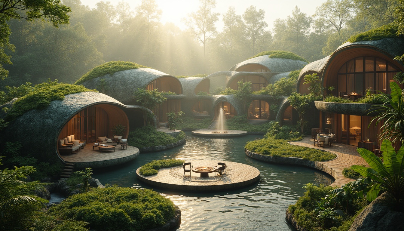 Prompt: Organic architecture, futuristic buildings, curved lines, green walls, living roofs, natural materials, wooden structures, bamboo accents, large windows, open spaces, minimalist interior, modern furniture, lush vegetation, tropical plants, water features, fountains, ponds, surrounding forests, misty atmosphere, warm lighting, afternoon sunbeams, 3/4 composition, shallow depth of field, soft focus, cinematic mood, Earthship-inspired design.