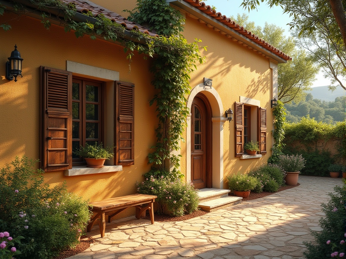 Prompt: Warm wheat color, Mediterranean style villa, rustic exterior walls, wooden shutters, clay roof tiles, lush greenery, vines crawling up walls, blooming flowers in earthy tones, natural stone pavement, serene countryside setting, warm sunny afternoon, soft golden lighting, 3/4 composition, shallow depth of field.