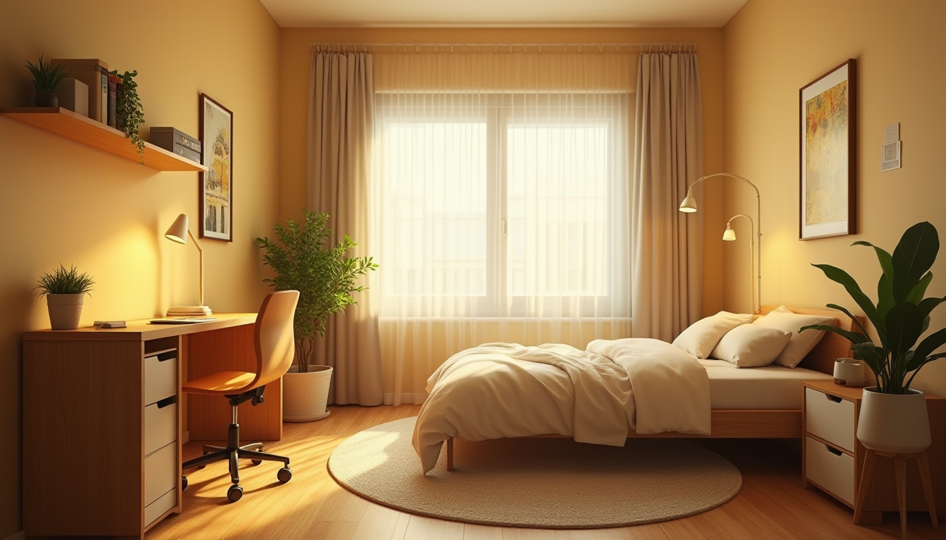 Prompt: Cozy dorm room, warm yellow lighting, modern minimalist furniture, wooden desk, ergonomic chair, soft blanket, comfortable single bed, calm atmosphere, natural daylight, large window, white curtain, green plants, floor lamp, table lamp, ambient occlusion, 3/4 composition, soft focus, warm color tone, relaxing mood.