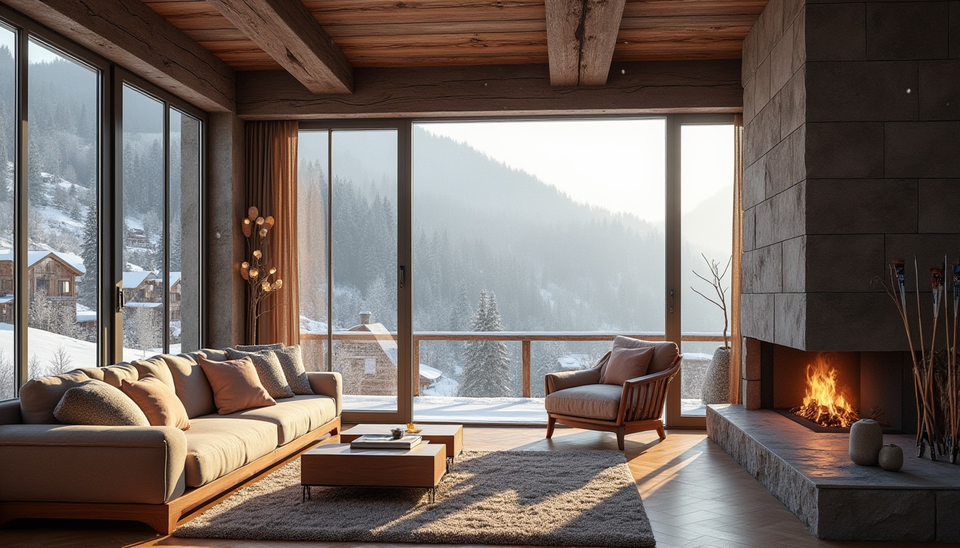 Prompt: Winter ski resort, modern architecture, Khaki color palette, wooden accents, rustic metal beams, cozy interior, soft cushions, warm lighting, snowflakes falling outside, large windows, panoramic view, mountainous background, frosty mist, afternoon sunlight, comfortable atmosphere, stone fireplace, plush area rug, pine trees surrounding, gentle slope, snow-covered rooftops, winter sports equipment, wooden ski racks, earthy tone, natural texture, inviting ambiance, warm color scheme, relaxing atmosphere.