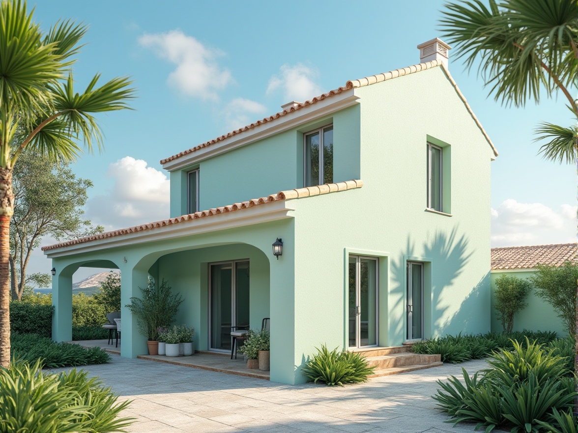 Prompt: Coastal villa, pale green exterior walls, white wooden windows, Mediterranean-style roof tiles, lush greenery surrounding, beachside location, clear blue sky, few puffy clouds, warm soft lighting, gentle sea breeze, natural textures, organic shapes, calming atmosphere, minimal ornamentation, modern simplicity, 3/4 composition, low-angle shot, subtle shadows.