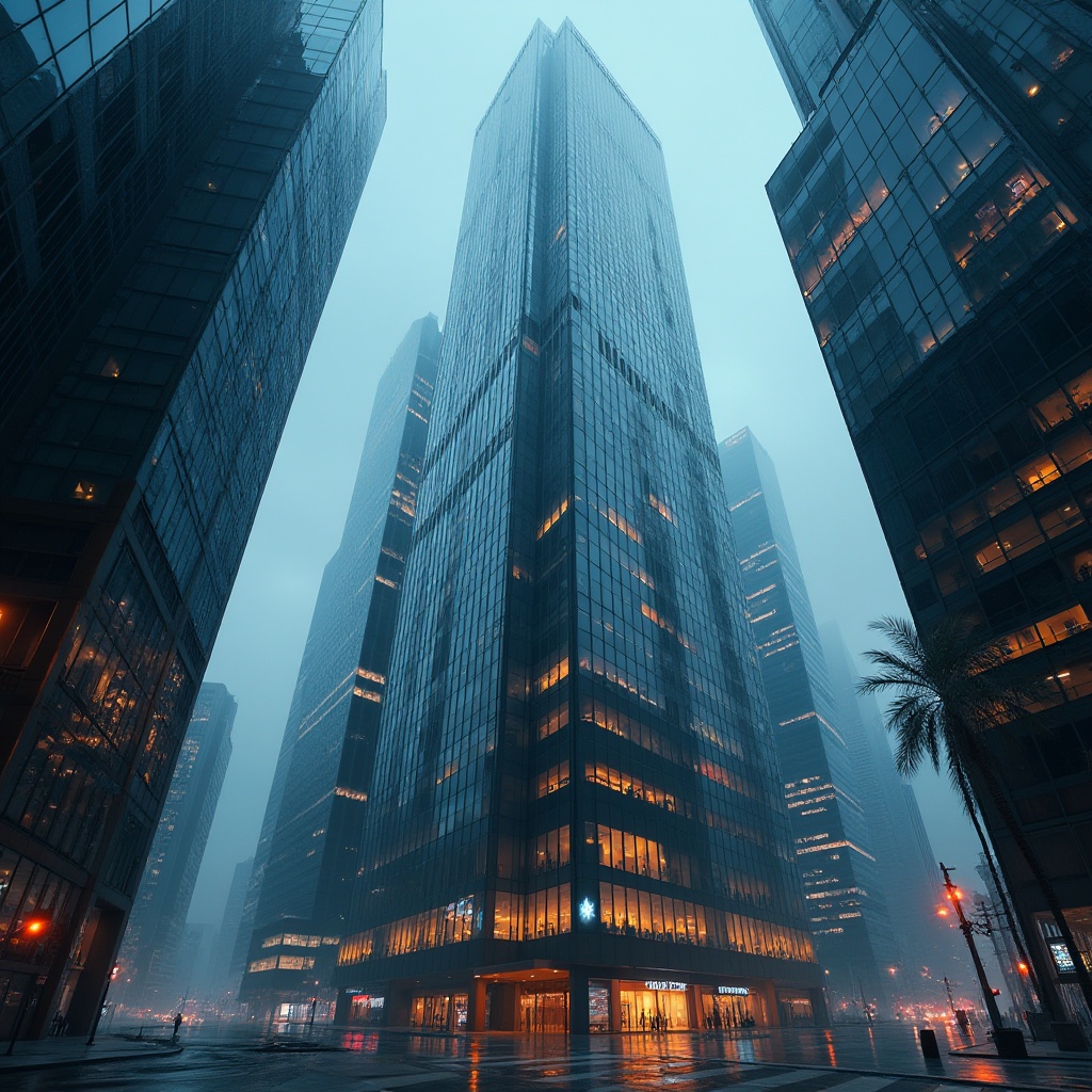 Prompt: Modern skyscraper, futuristic cityscape, night scene, neon lights reflecting off glass windows, metallic structure, geometric shapes, angular lines, urban landscape, abstract composition, low-angle shot, atmospheric mist, moody lighting, detailed textures, reflective surfaces, sleek architecture, cantilevered floors, complex framework, bold colors, urban decay, industrial atmosphere, steel beams, concrete pillars, translucent materials, glass facades, LED lights, city life, bustling streets, avant-garde design, deconstructivist art movement, plastic materials, innovative structures, parametric design, algorithmic patterns.