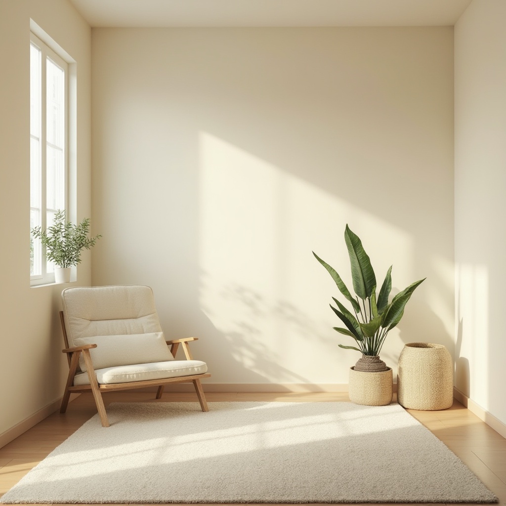 Prompt: Cream-colored walls, soft gentle lighting, warm cozy atmosphere, minimalistic modern furniture, low-pile cream carpet, single floor-to-ceiling window, subtle natural light, potted plants with soft green leaves, few decorative objects, simple elegant lines, calming ambiance, peaceful environment, Scandinavian interior design style, soft focus, shallow depth of field.