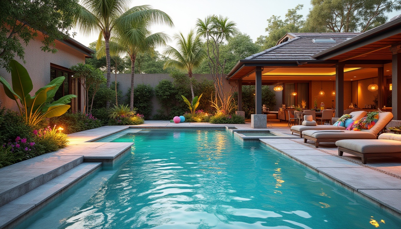 Prompt: Backyard oasis, luxurious pool, warm sunny day, crystal clear water, gentle ripples, steps leading into the pool, surrounding lounge chairs, colorful beach balls, floating inflatables, outdoor speakers, tropical plants, palm trees, vibrant flowers, stone flooring, modern lanterns, string lights, soft warm glow, evening ambiance, 3/4 composition, shallow depth of field, realistic rendering.