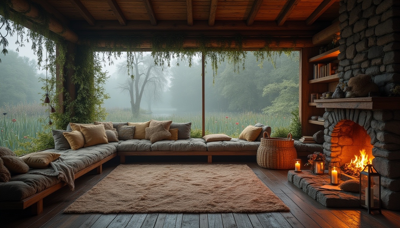 Prompt: Wetland cabin, cozy interior, wooden walls, stone fireplace, plush cushions, woven baskets, vintage lanterns, moss-covered roof, misty windows, serene atmosphere, foggy morning, soft warm lighting, natural textures, earthy tones, water lilies, cattails, reeds, lazy river, surrounding wetlands, birds singing, peaceful ambiance.