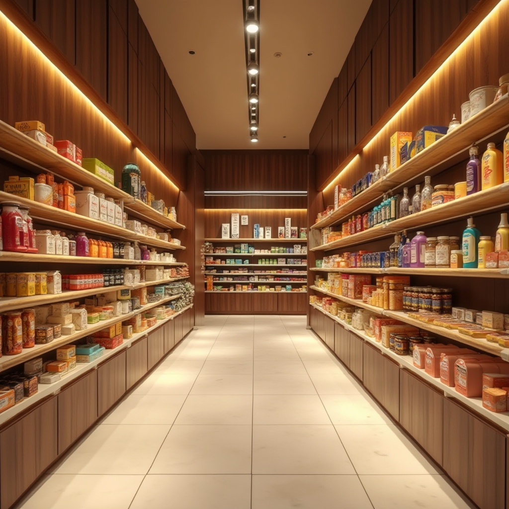 Prompt: Warm chocolate brown walls, creamy white shelves, rich cocoa wood accents, golden lighting, vibrant packaging colors, modern minimalist aisle layout, realistic product displays, busy shopping atmosphere, afternoon softbox lighting, 3/4 composition, shallow depth of field, commercial photography style.