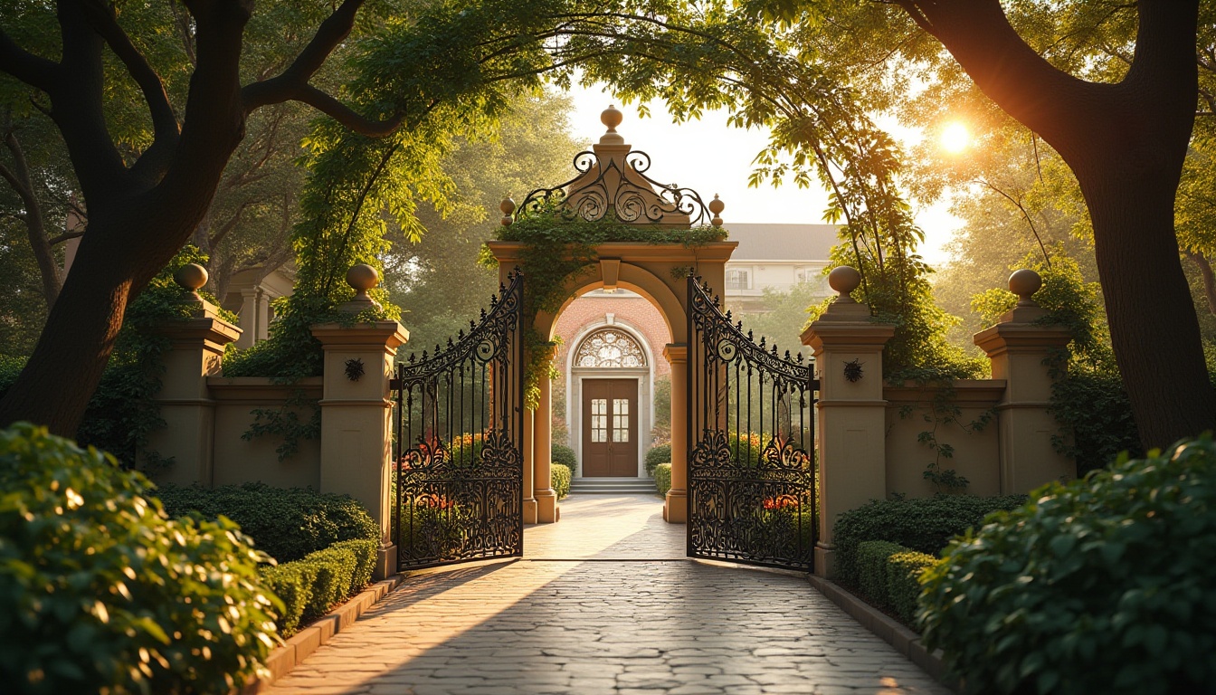 Prompt: Curved lines, ornate patterns, flowing organic forms, grand entrance, ornamental gates, lush greenery, vines entwining columns, suburban setting, healthcare center, elegant facade, stained glass windows, intricate metalwork, warm golden lighting, afternoon sun, soft shadows, peaceful atmosphere, serene composition, 3/4 view, shallow depth of field, warm color palette.