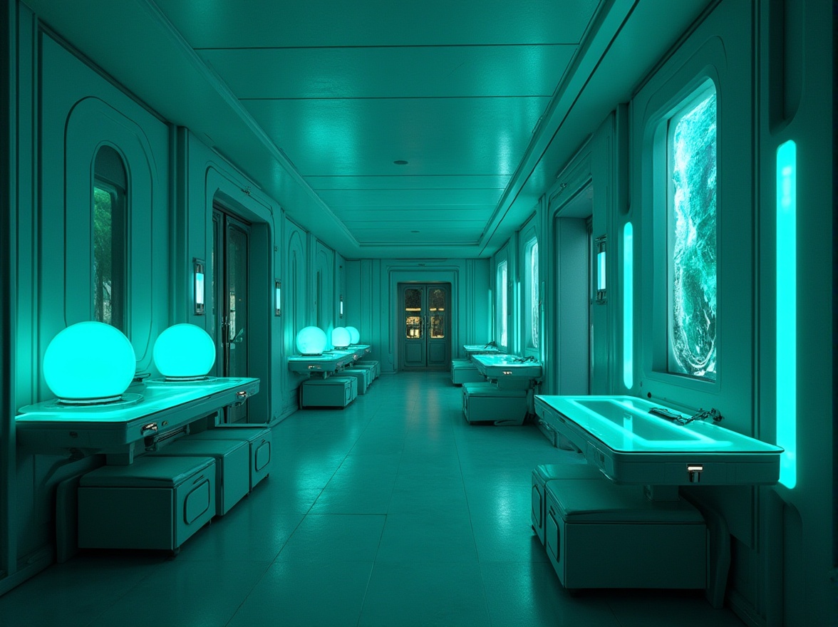 Prompt: Teal themed, futuristic sci-fi interior, sleek lines, neon teal accents, glowing teal orbs, metallic walls, glass tables, high-tech gadgets, minimalist decor, ambient soft teal lighting, 3/4 composition, cinematic depth of field, HDR, wide-angle lens.