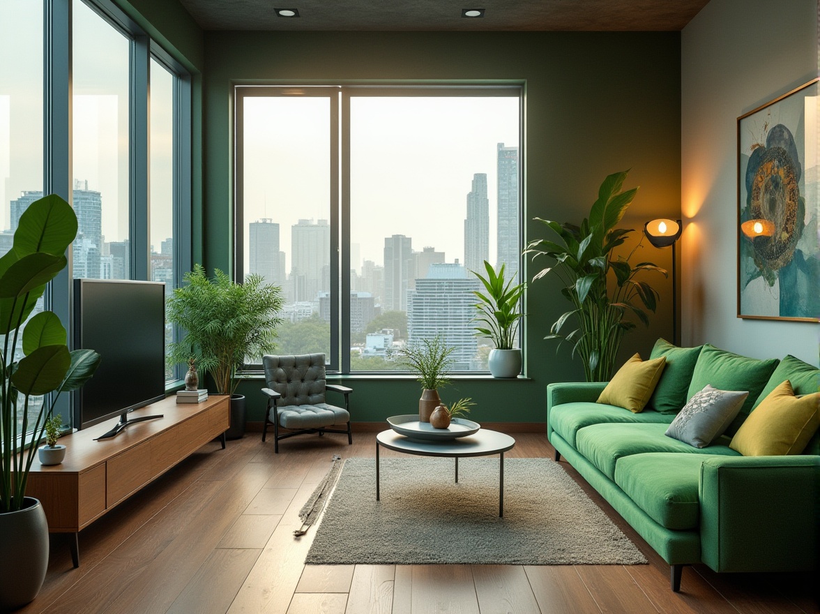 Prompt: Calming modern interior, green accent wall, natural plants, wooden floor, minimalist furniture, glass coffee table, sleek TV stand, floor-to-ceiling windows, city view, morning light, soft focus, shallow depth of field, vibrant green sofa cushions, geometric patterns, abstract artwork, industrial lamp, metal structure, urban atmosphere, 3/4 composition, warm lighting, HDR.