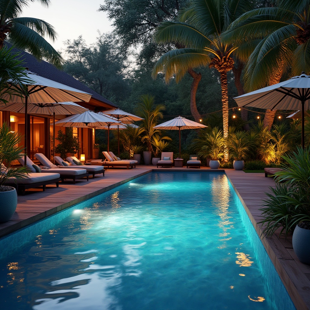 Prompt: Luxurious backyard, evening time, sparkling blue pool water, subtle waves, surrounding decking made of richly textured wooden planks, comfortable lounge chairs with soft cushions, colorful striped umbrellas, tropical plants with vibrant green leaves, warm glowing string lights hanging from trees, romantic ambiance, 3/4 composition, soft focus, sunset colors.