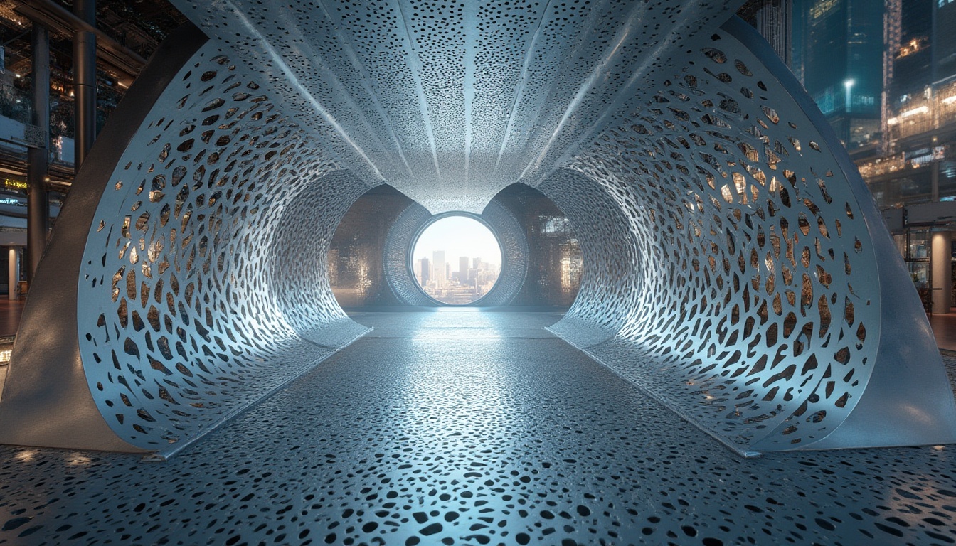 Prompt: Perforated metal design, modern architecture, industrial style, silver metal, intricate patterns, geometric shapes, urban cityscape, skyscraper, contemporary art installation, LED lights, futuristic ambiance, high-angle shot, dramatic lighting, shallow depth of field, metallic texture, reflective surface.