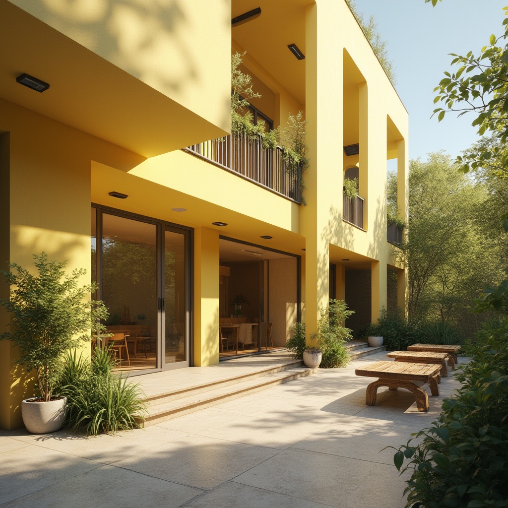 Prompt: Light yellow building facade, modern architecture, bright sunny day, gentle shadows, clean lines, minimalist design, smooth concrete walls, large glass windows, sliding doors, outdoor seating area, lush greenery, potted plants, wooden benches, warm ambient lighting, afternoon sunbeams, soft focus, 3/4 composition, natural materials, earthy tones, cozy atmosphere.