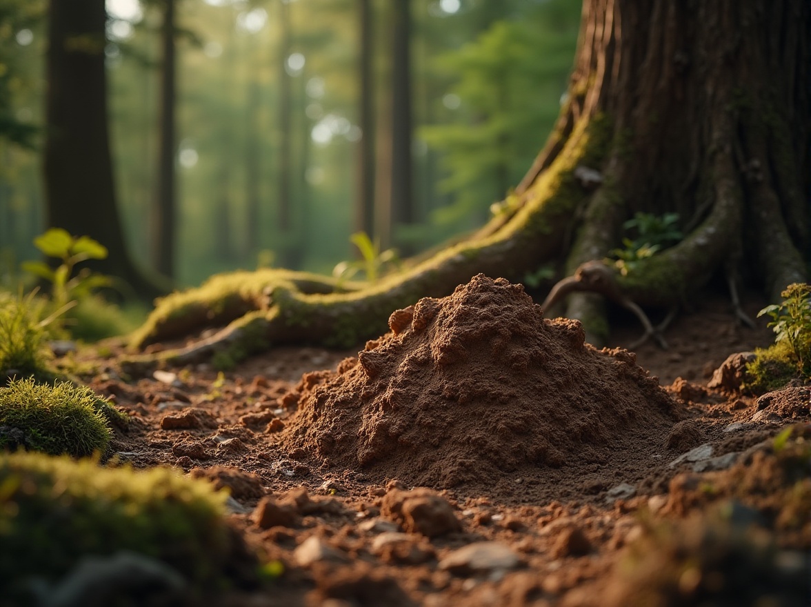 Prompt: Earth tone mud material, natural texture, rough surface, organic structure, intricate details, rustic ambiance, warm color palette, outdoor setting, forest surroundings, tree roots, moss, ferns, natural lighting, soft shadows, 3/4 composition, close-up shot, realistic rendering, high definition, cinematic mood.