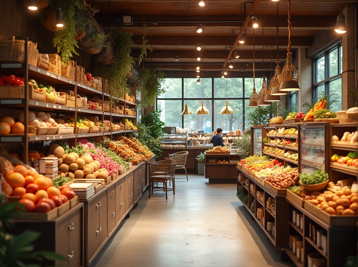 Prompt: Modern grocery store interior, natural lighting, warm atmosphere, various fabric materials, cotton, polyester, linen, silk, velvet, lace, ribbons, colorful patterns, woven baskets, wooden shelves, metal racks, glass containers, fresh fruits, vegetables, bread, dairy products, checkout counter, shopping carts, baskets, busy shoppers, 3/4 composition, soft focus, warm color palette, inviting ambiance.