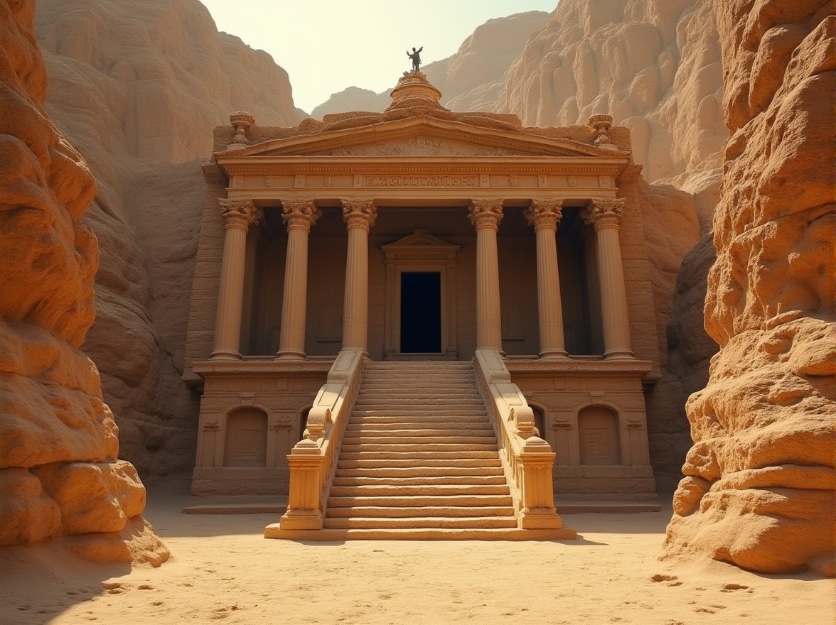 Prompt: Ancient monument, stone structure, sandy dunes background, warm beige sand, coarse texture, weathered rocks, intricate carvings, monumental entrance, grand staircase, ornate pillars, mystical atmosphere, soft golden light, dramatic shadows, 3/4 composition, low-angle shot, cinematic mood, historical significance.