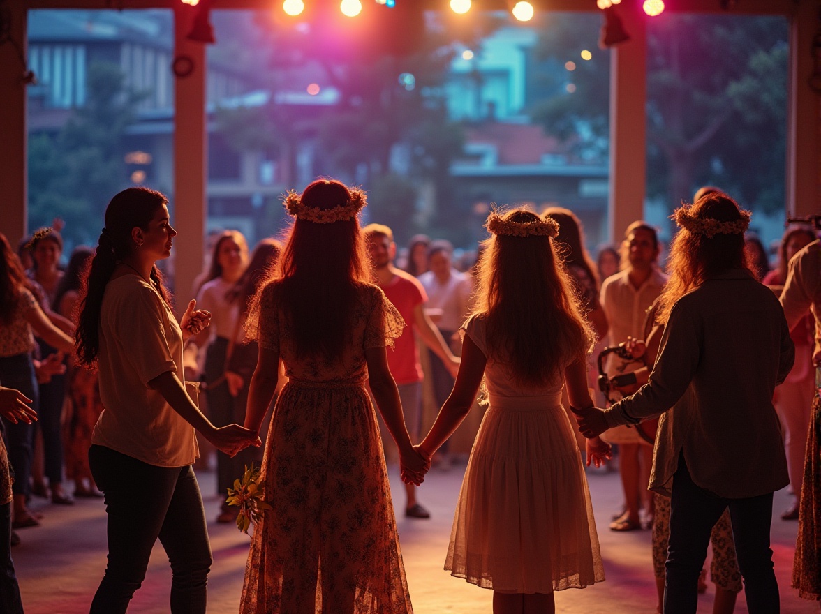 Prompt: Vibrant community center, indoor stage, colorful spotlights, diverse group of people, different ages, cultures, and abilities, standing together, holding hands, smiling faces, warm atmosphere, musical instruments, guitars, violins, drums, microphones, dynamic dance movements, joyful expressions, African, Asian, Latin American cultural dresses, flowers in hair, traditional accessories, cityscape background, urban buildings, streetlights, evening sky, soft focus, cinematic composition, shallow depth of field.