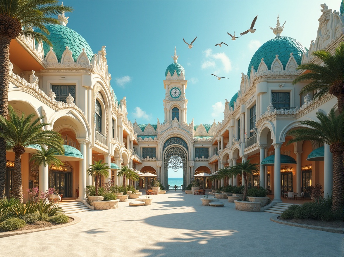 Prompt: Art Nouveau, beach-inspired, shopping center, grand entrance, ornate iron gates, wave-patterned roof, turquoise domes, seashell decorations, intricate stonework, ocean-blue facades, majestic clock tower, palm trees lining the courtyard, white sandy floors, elegant staircases, flowing curves, organic shapes, lavish chandeliers, warm golden lighting, soft focus, shallow depth of field, Mediterranean architecture, coastal landscape, sunny day, few seagulls flying overhead.