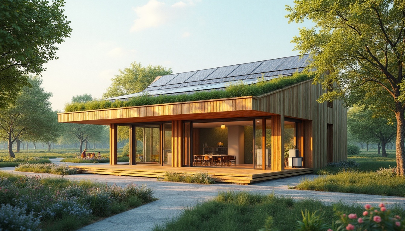 Prompt: Eco-friendly pavilion, sustainable materials, green roof, solar panels, recycling bins, energy-efficient lighting, natural ventilation, minimalist design, wooden structure, glass walls, open space, park surroundings, trees, flower beds, walking paths, morning sunlight, soft shadows, panoramic view, 3/4 composition, warm and soft ambient lighting.