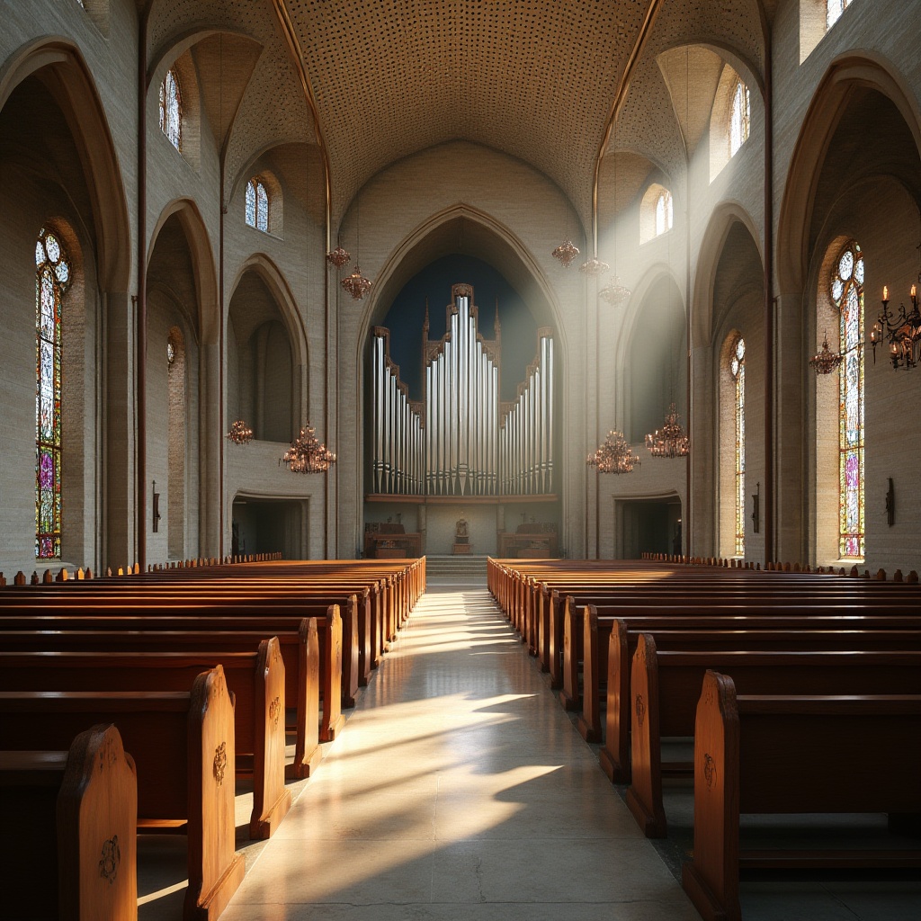 Prompt: Modern church interior, perforated metal ceiling, intricate patterns, natural light filtering through, subtle shadows, holy atmosphere, rows of wooden pews, stained glass windows, ornate chandeliers, grand pipe organ, elegant stone walls, arches, columns, subtle lighting, warm ambiance, spiritual vibes, architectural details, rustic wood accents, subtle textures, serene composition, low-angle shot.