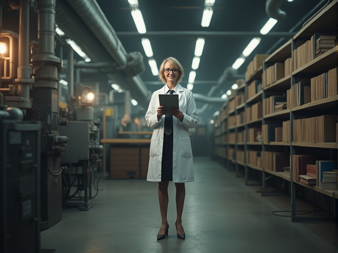 Prompt: Industrial factory interior, academic atmosphere, mature lady professor, 40s, short hair, glasses, lab coat, white shirt, black tie, pencil skirt, high heels, holding tablet, standing, surrounded by shelves of books and machinery, metal pipes, concrete floor, fluorescent lighting, realistic texture, industrial equipment in the background, 3/4 composition, soft focus on the subject, warm color tone.