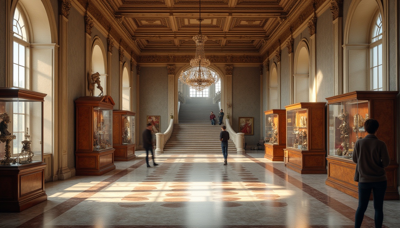 Prompt: Museum interior, regionalism style, grand staircase, marble floor, ornate chandelier, wooden exhibit cabinets, vintage artifacts on display, intricate moldings, Renaissance-inspired architecture, warm lighting, soft shadows, subtle color palette, elegant atmosphere, visitors observing exhibits, quiet contemplation, afternoon sunlight filtering through large windows, classical music playing softly in the background.