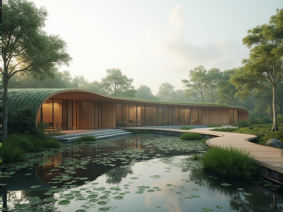 Prompt: Wetland architecture, sustainable practices, eco-friendly building materials, bamboo, recycled wood, green roofs, solar panels, wind turbines, rainwater harvesting system, natural ventilation, minimalist design, modern simplicity, curves blending with nature, reflection pool, walking path, boardwalk, mangrove trees, water lilies, wildlife habitat, misty morning atmosphere, soft diffused light, cinematic composition, 3/4 view, depth of field.