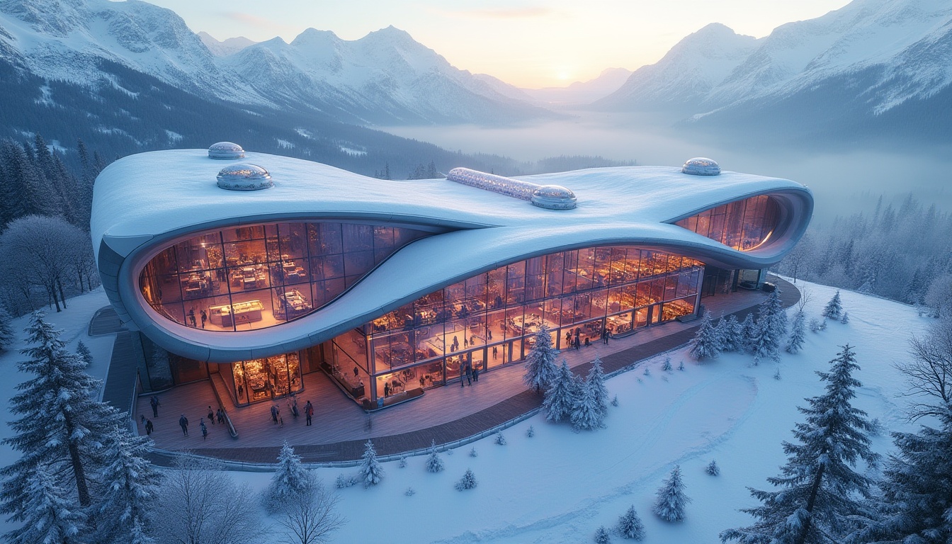 Prompt: Modern ski center, futuristic architecture, curved lines, glass facade, snow-capped roof, LED light installation, vibrant color scheme, sleek metal accents, minimalist interior design, spacious atrium, floor-to-ceiling windows, panoramic view of surrounding mountains, snowy forest, frozen lake, misty morning atmosphere, warm ambient lighting, dramatic shadows, dynamic composition, high-angle shot.