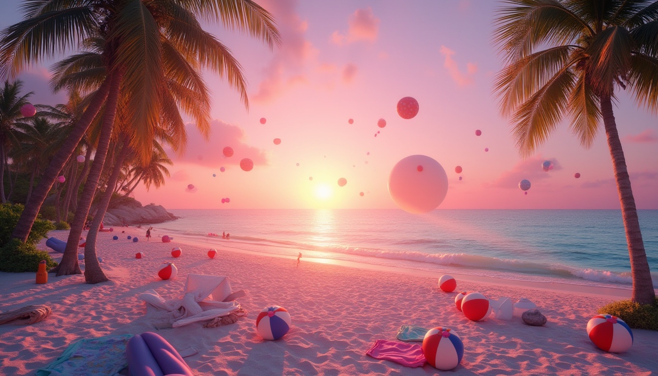 Prompt: Beach scene, warm sunset, heliotrope color scheme, vibrant pinkish-purple hues, beach balls, inflatables, tropical palm trees, soft white sand, gentle waves, calm ocean, seashells, driftwood, few people relaxing, colorful beach towels, sunglasses, ice cream cones, refreshing summer atmosphere, 3/4 composition, wide-angle lens, cinematic lighting, shallow depth of field.