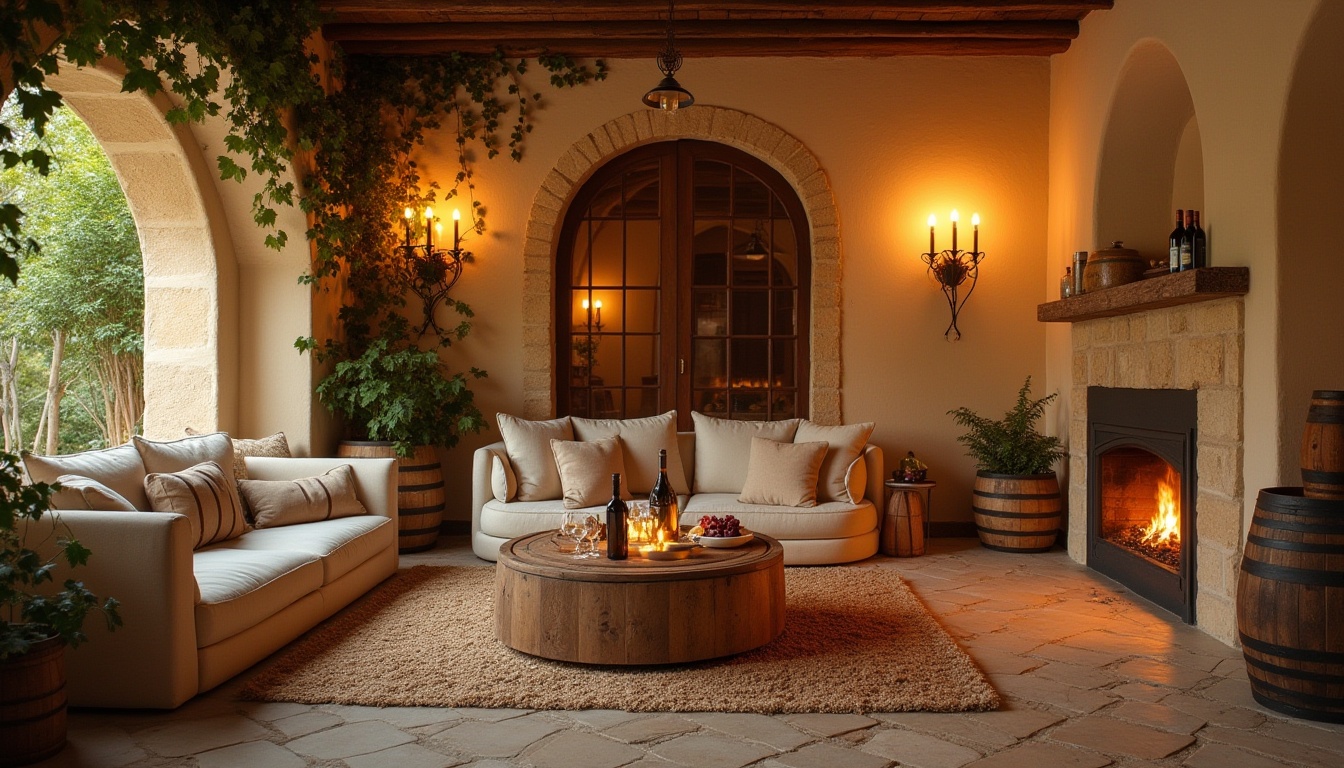 Prompt: Cream-colored walls, warm winery atmosphere, cozy interior, vintage wooden barrels, rustic stone floor, soft candle lighting, intimate corner seating, lush green vines, wine glasses, wine bottles, grapes, cheese platter, wooden tables, comfortable couches, fire pit, crackling fireplace, autumnal color palette, warm beige tones, inviting ambiance, golden hour, relaxed composition, shallow depth of field.