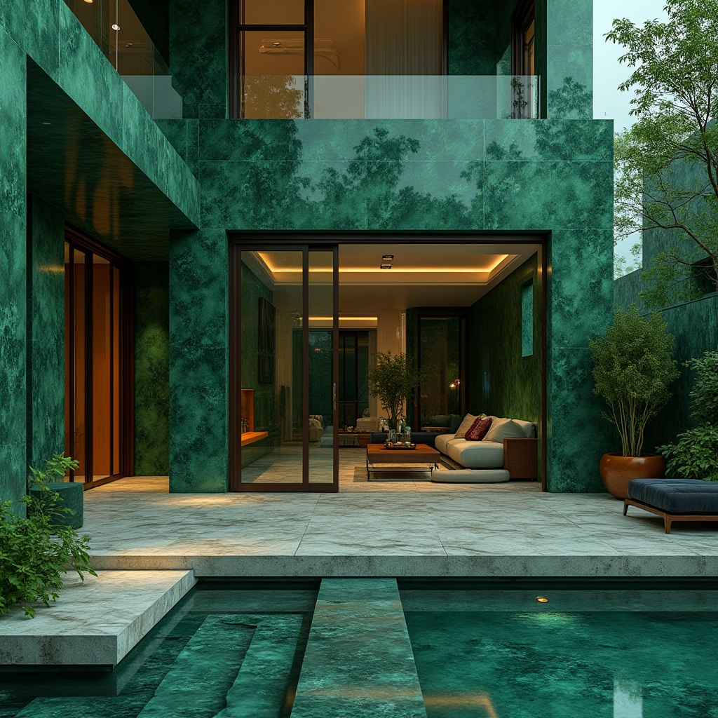 Prompt: Malachite-inspired building, modern architecture, luxurious villa, bungalow style, green copper oxidized walls, intricate patterns, geometric shapes, ornate details, grand entrance, large windows, sliding glass doors, minimalist interior design, emerald green accents, marble flooring, wooden furniture, plush couches, ambient lighting, 3/4 composition, warm and soft focus, cinematic rendering.