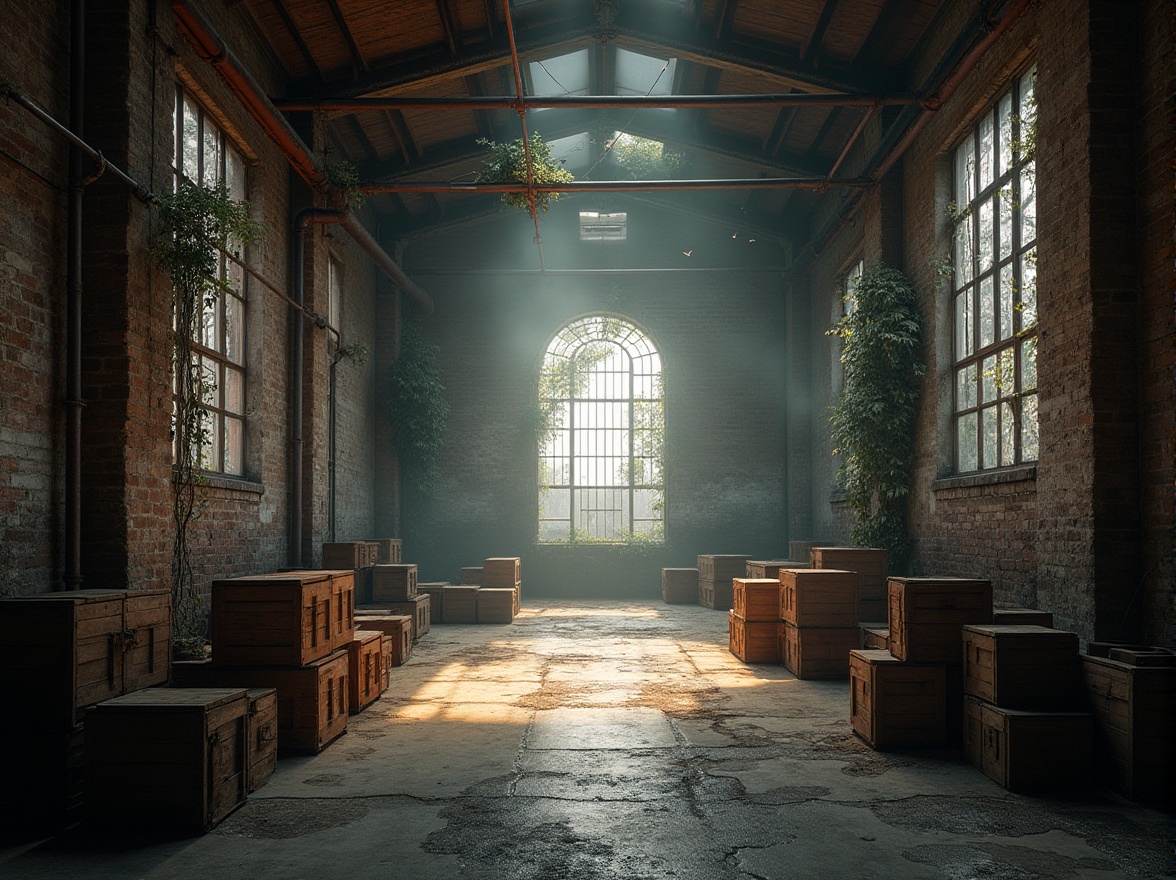 Prompt: Industrial warehouse, brick walls, metal beams, wooden crates, rusty pipes, concrete floors, large windows, natural light pouring in, old factory setting, abandoned atmosphere, dim lighting, foggy mist, morning dew, vines crawling up walls, distressed textures, rough surfaces, urban landscape, cityscape background, birds flying overhead, warm color palette, cinematic composition, 3/4 view, shallow depth of field, realistic rendering.