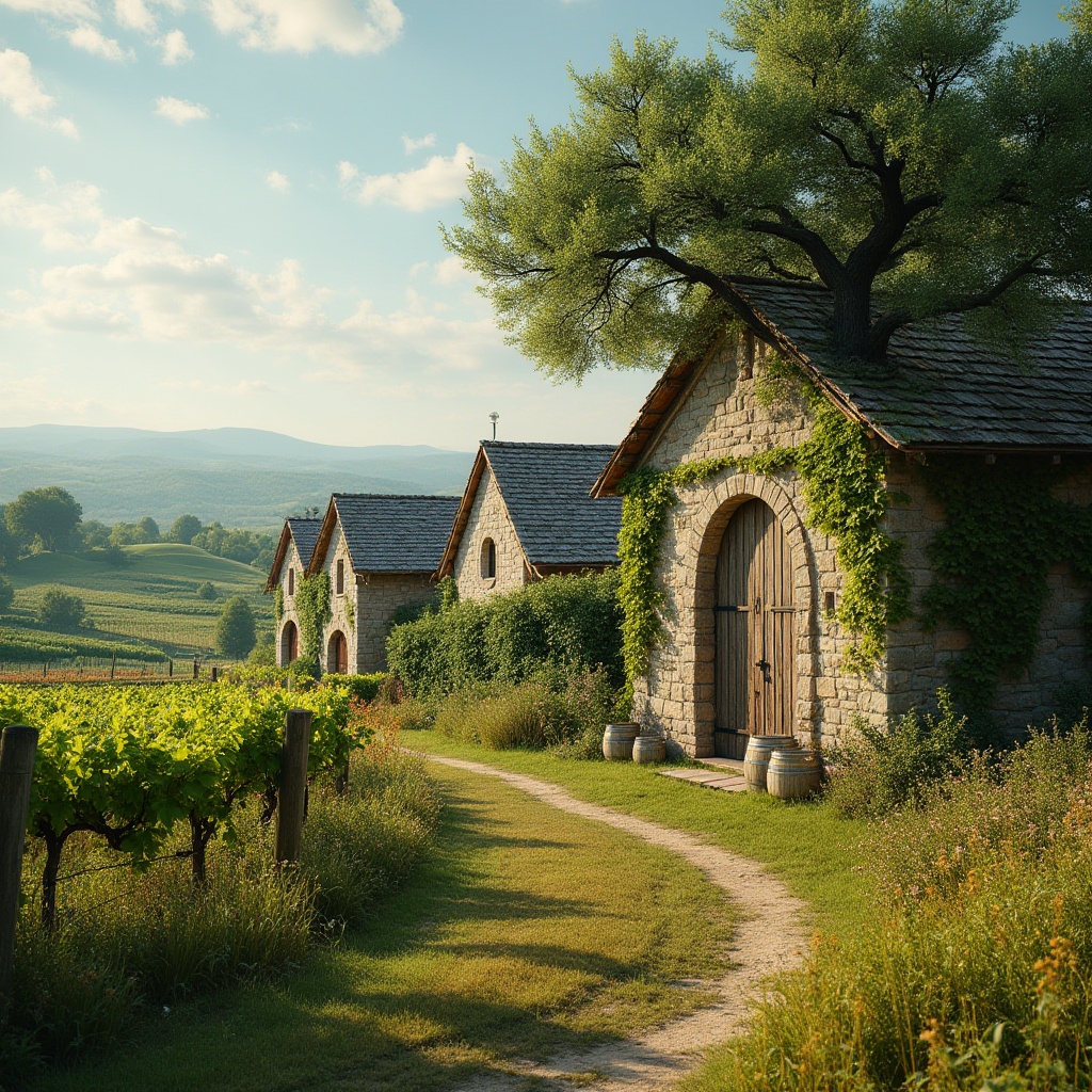 Prompt: Wineries, vineyard, grassland, rolling hills, wildflowers, green roofs, wooden fences, rustic doors, large stone walls, ivy climbing, grapevines, wine barrels, oak tree, sunny day, warm lighting, natural materials, earth tones, blending into nature, harmonious coexistence, panoramic view, 3/4 composition, cinematic atmosphere.