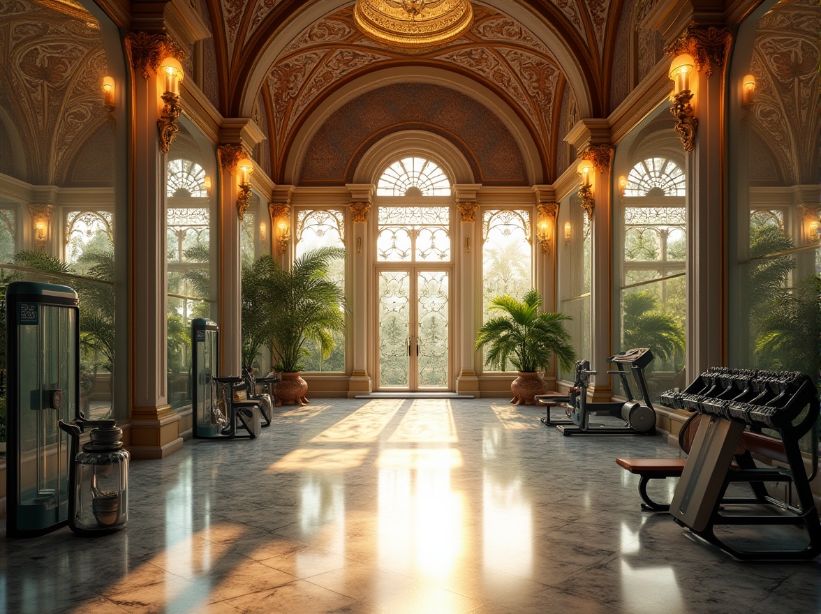 Prompt: Byzantine style gymnasium, grand interior, high ceilings, ornate columns, intricate mosaics, stained glass windows, golden lighting fixtures, polished marble floors, athletic equipment with glass and metal materials, free weights on glass shelves, exercise machines with glass screens, mirrored walls, glass partitions, Byzantine-inspired murals, lush greenery, tropical plants, natural light pouring in, warm ambiance, soft focus, cinematic composition, 3/4 view, afternoon lighting.