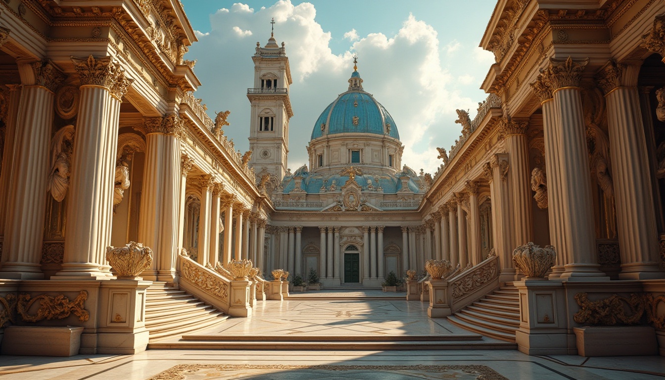 Prompt: Baroque architecture, grand villa, blue domed roof, ornate gold details, intricate stone carvings, symmetrical facade, grand staircase, marble floors, high ceilings, velvet drapes, lavish furnishings, Renaissance era, Italy, Florence, afternoon sun, warm golden light, dramatic shadows, 3/4 composition, cinematic lighting.