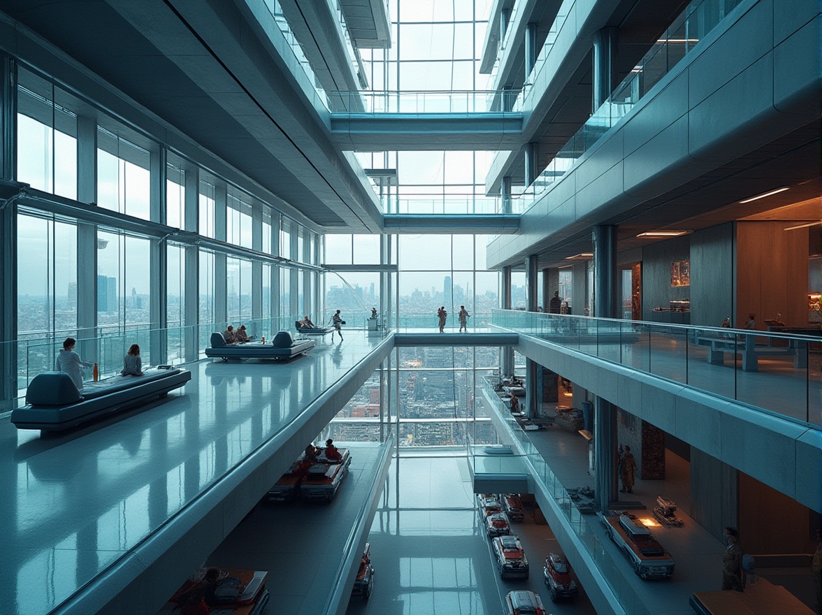 Prompt: Modern architectural design, steel-framed materials, sleek lines, industrial chic, minimalist, urban setting, cityscape, skyscraper background, floor-to-ceiling windows, polished metal, glass panels, reflective surfaces, futuristic ambiance, high-tech atmosphere, bright artificial lighting, overhead shots, wide-angle lens.