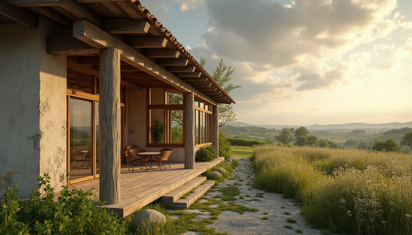 Prompt: Barn green architecture, modern farmhouse style, large windows, natural light, wooden beams, Lavacrete walls, earthy tone, rustic charm, rural landscape, rolling hills, wildflowers blooming, sunny afternoon, soft warm lighting, 3/4 composition, shallow depth of field, emphasizing texture and material, detailed rendering, realistic atmosphere, serene ambiance.