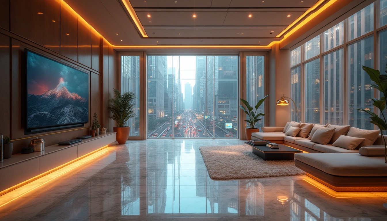 Prompt: Modern, luxurious, high-tech, futuristic interior design, sleek lines, minimalist decor, marble flooring, metallic accents, ambient lighting, floor-to-ceiling windows, cityscape view, busy street scene, blurred motion effect, shallow depth of field, 3/4 composition, warm color tone, soft focus, realistic rendering, HDR, fish eye lens.