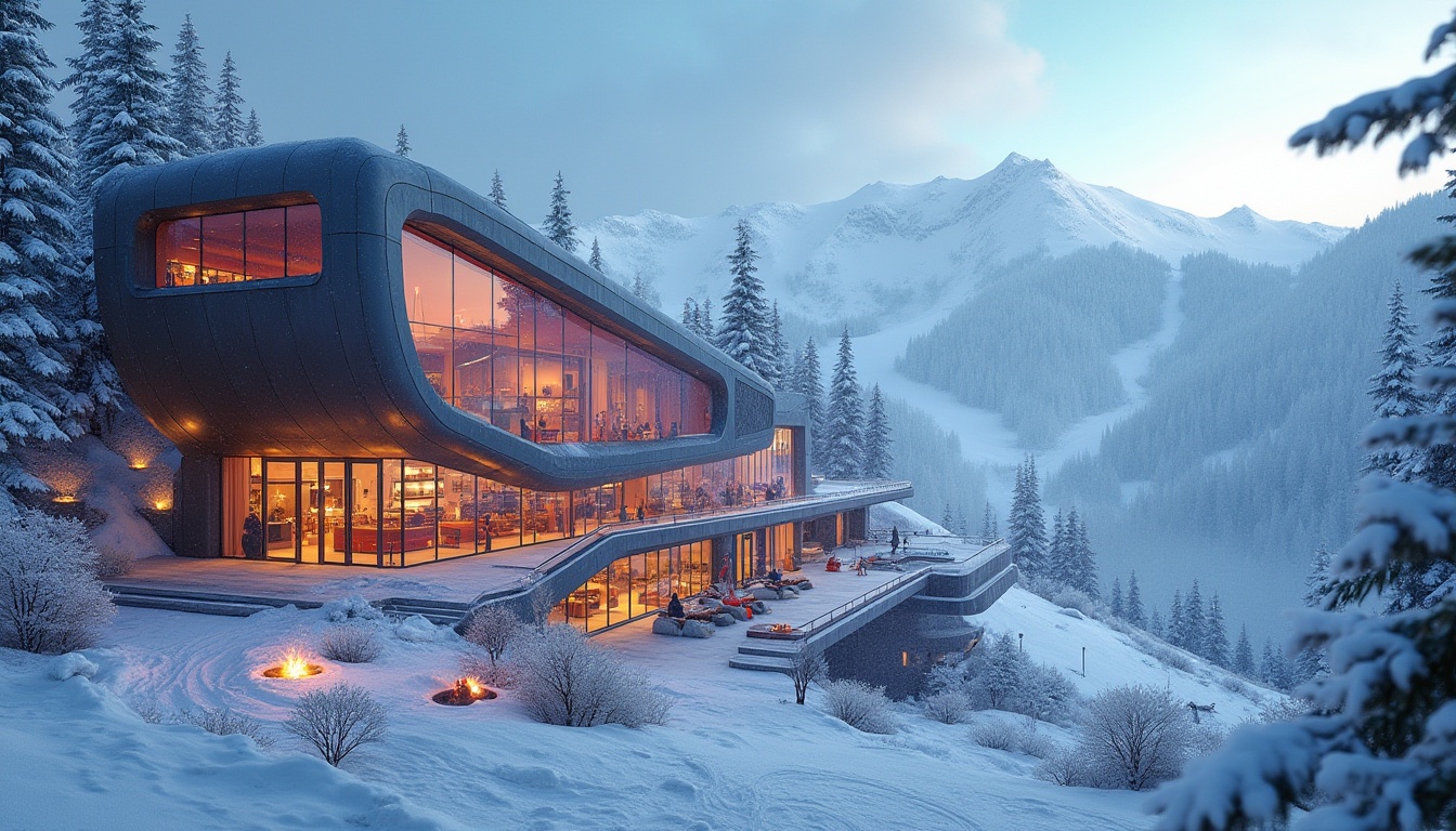 Prompt: Modern ski center, futuristic architecture, sleek lines, metallic materials, LED lights, snowy mountain, winter sports, vibrant colors, dynamic shapes, glass walls, panoramic view, snowflakes gently falling, morning mist, warm interior lighting, cozy atmosphere, wooden accents, fire pit, ski lifts, slopes, pine trees, frosty air, blue sky.