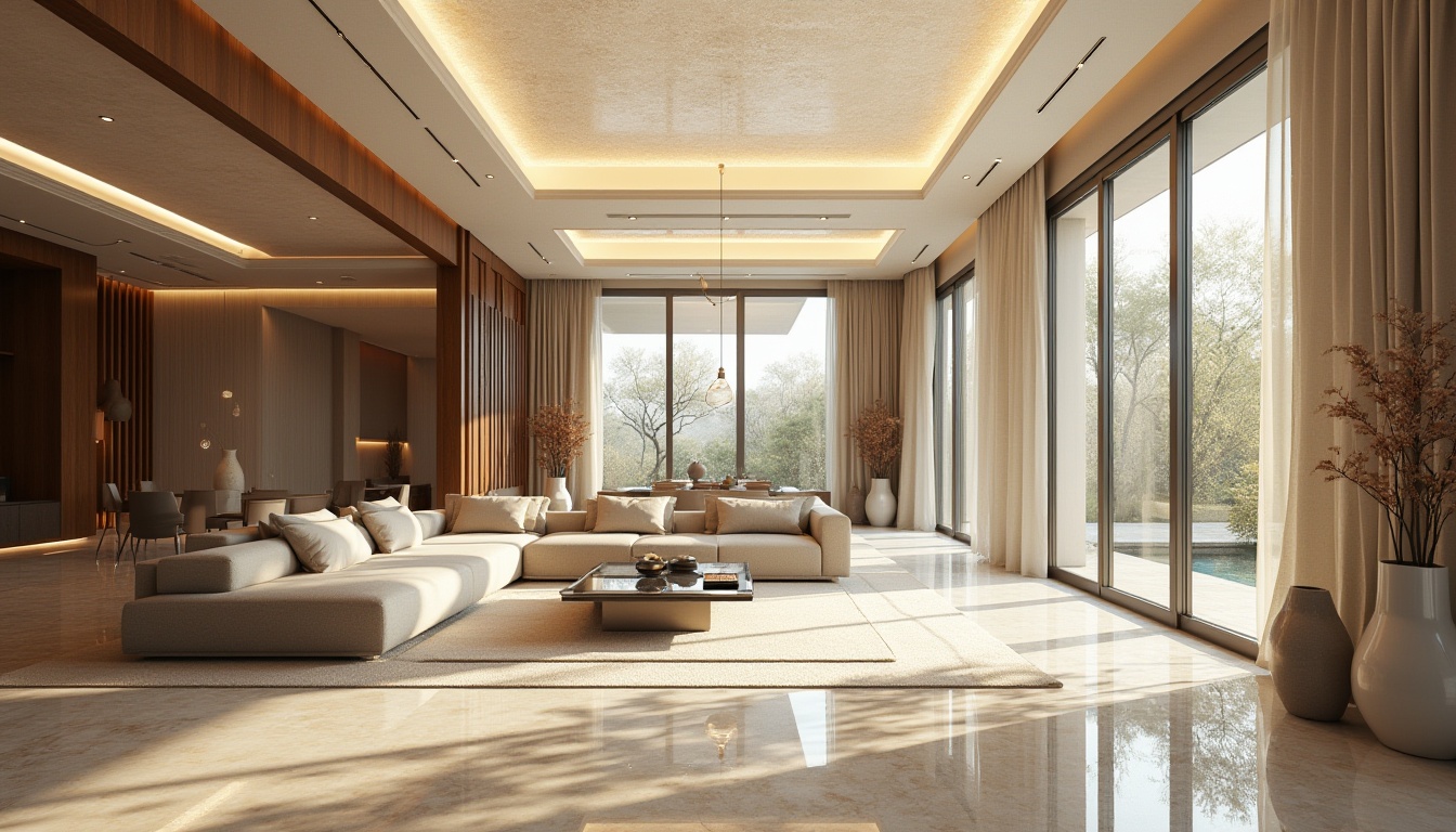 Prompt: Modern interior design, luxurious villa, spacious living room, Fibreglass material, translucent ceiling, intricate patterns, soft warm lighting, 3/4 composition, shallow depth of field, sleek lines, minimal decor, ambient atmosphere, afternoon sunbeam, subtle shadows, realistic textures, high-end furniture, marble flooring, glass coffee table, elegant vases.