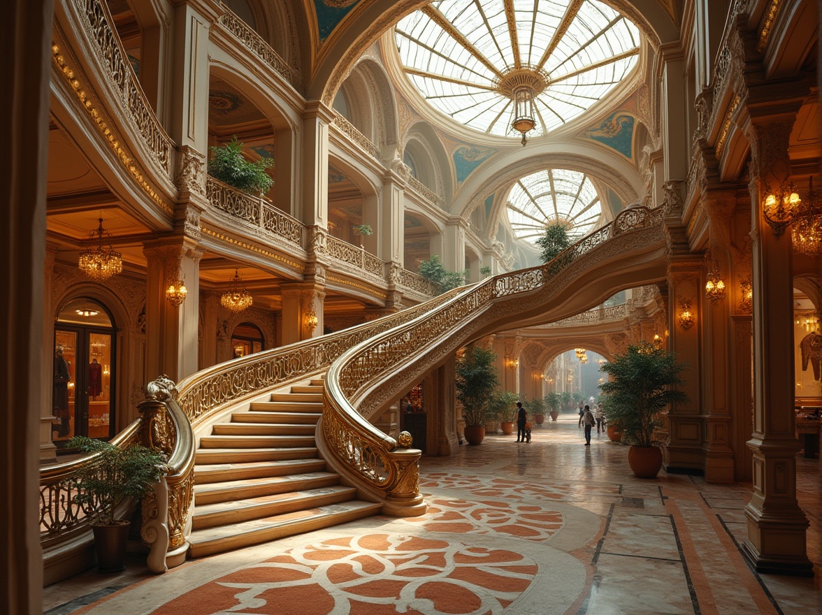 Prompt: Art Nouveau shopping center, grand staircase, bronze color accents, ornate metalwork, flowing curves, elegant chandeliers, stained glass ceiling, high-end fashion stores, luxurious carpets, marble floors, intricate moldings, lavish furnishings, upscale atmosphere, natural light pouring in through skylights, warm golden lighting, afternoon ambiance, 3/4 composition, detailed textures, soft focus background.