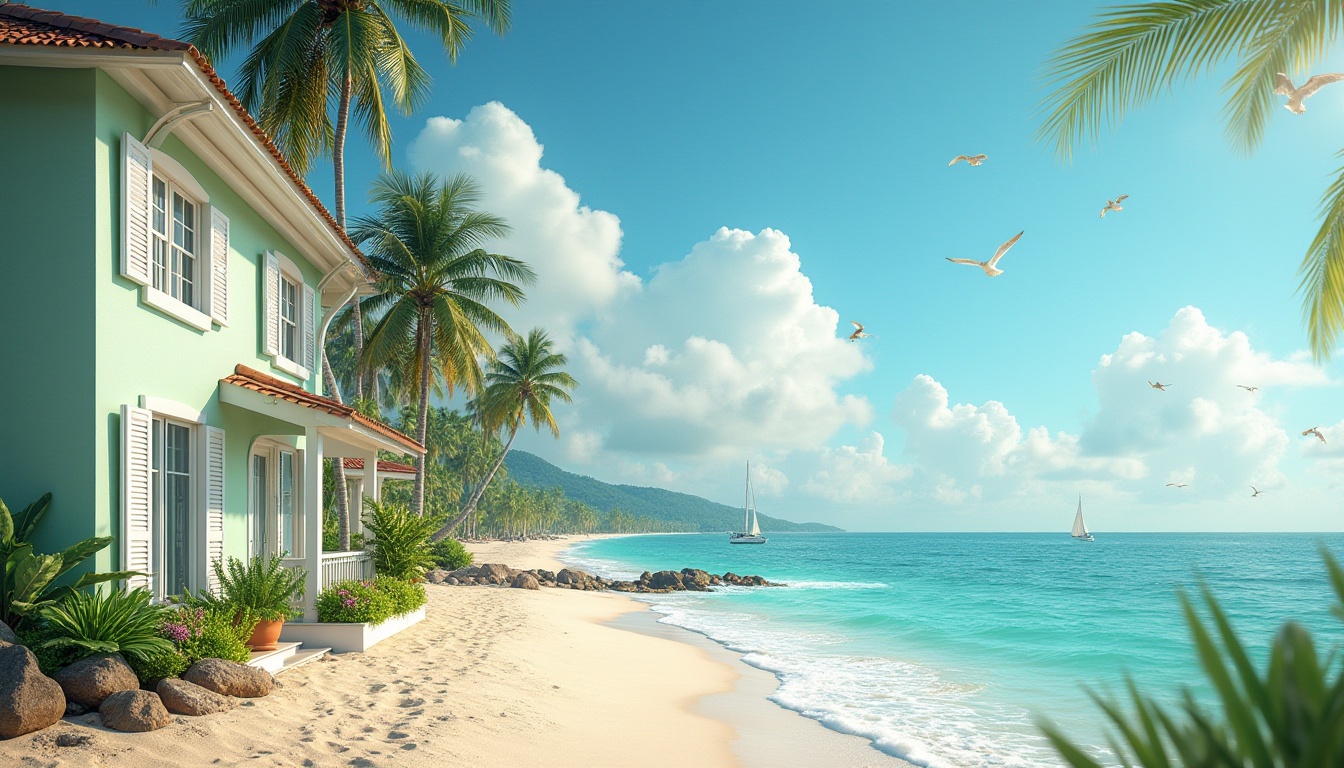 Prompt: Coastal villa, pale green walls, white windows, wooden shutters, beachy atmosphere, sunny day, clear blue sky, puffy white clouds, palm trees swaying gently, tropical plants, sandy beach, calm turquoise ocean, sailboats in the distance, seagulls flying overhead, warm soft lighting, 3/4 composition, shallow depth of field.