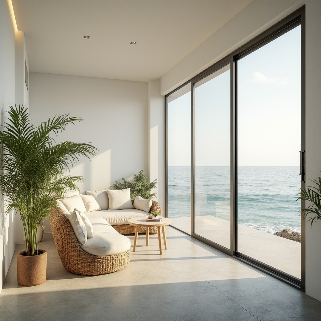 Prompt: Beach modern villa, minimalist interior design, large floor-to-ceiling windows, sliding glass doors, maximizing natural light, bright airy atmosphere, white walls, polished concrete floors, minimal decor, potted palm trees, wicker furniture, linen couch, coastal view, panoramic window view, 3/4 composition, warm soft lighting, morning sunlight, gentle ocean breeze, subtle sound of waves.