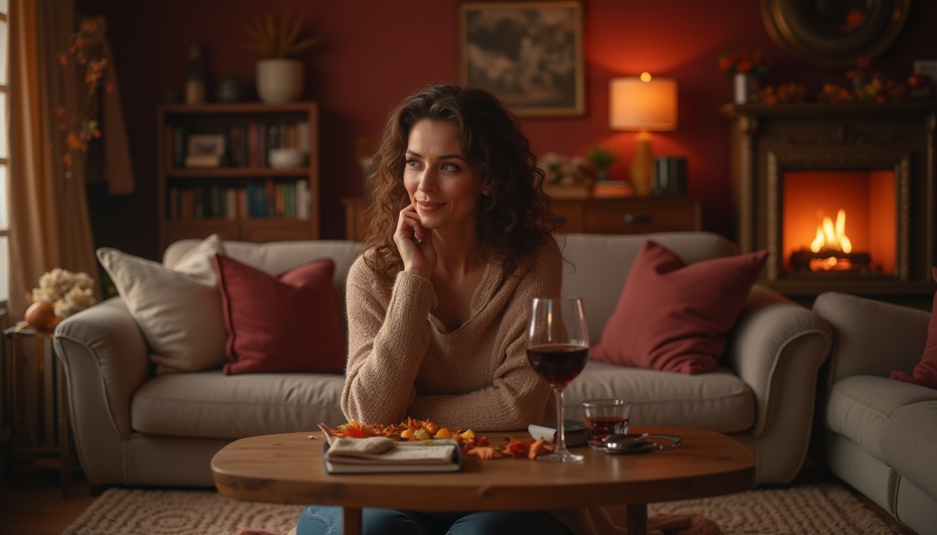 Prompt: Cozy living room, burgundy accent wall, warm atmosphere, mature lady, curly brown hair, subtle makeup, soft lighting, comfortable couch, velvet pillows, rich wood coffee table, wine glass, bookshelf, fireplace, autumn leaves, soft carpet, 3/4 composition, cinematic lighting, HDR.